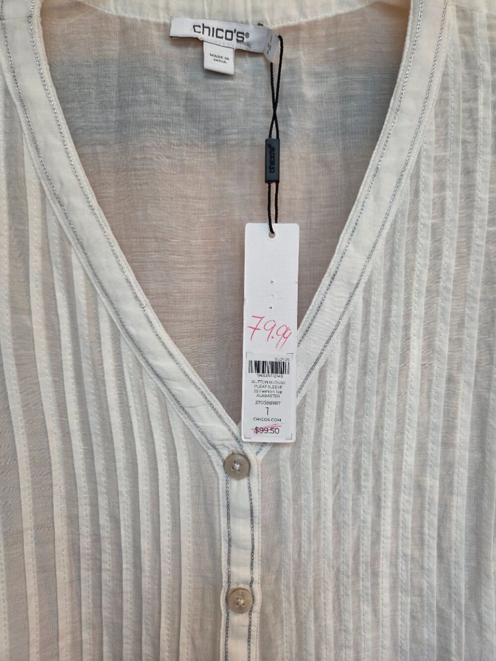 NWT Chico's Size 1/M White Babydoll Blouse Pleated Front Gathered Sleeve Sheer - Picture 11 of 12